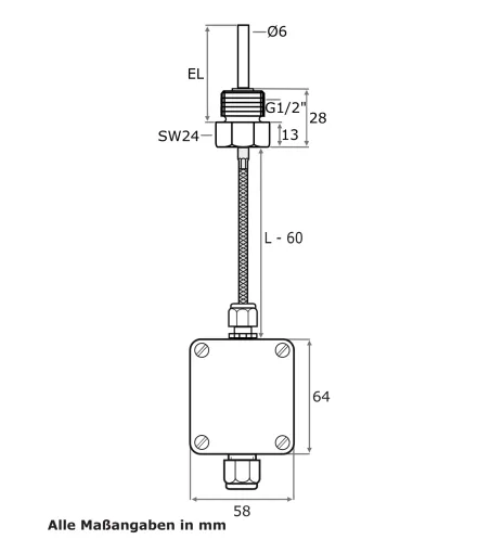 Messumformer, GLS-Leitung, EL 100 mm, TMax 400 °C, 4-20 mA, 2 Meter