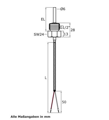 Einschraubfühler G1/2 Zoll bis 400 °C und Pt1000 Glasseide-Leitung