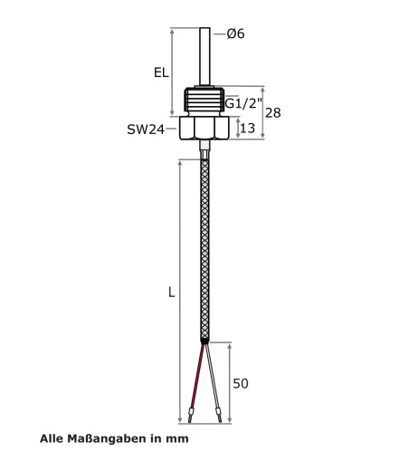 Einschraubfühler, GLS-Leitung, EL 100 mm, TMax 400 °C, PT1000, 2 M...