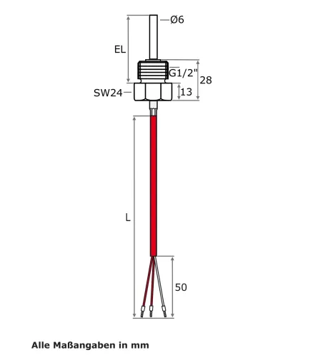 Einschraubfühler G1/2 Zoll mit Pt100 3-Leiter Anschluß und Silikonleitung