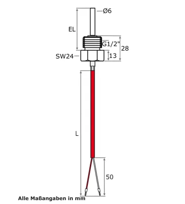 Einschraubfühler G1/2 Zoll mit Pt100 Sensor und Silikonleitung