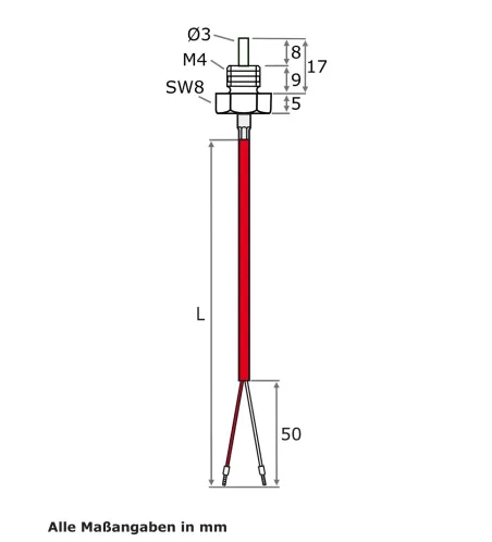 Einschraubfühler, Silikon-Leitung, TMax 200 °C, NTC 10 kOhm, 2 Mete...
