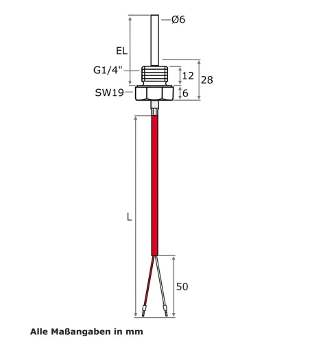 Einschraubfühler G1/4 Zoll mit PT100 mit Sil-Leitung